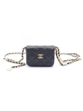 Chanel Waist Bag Quilted Chain Black Caviar Leather Mini Flap Card Case
